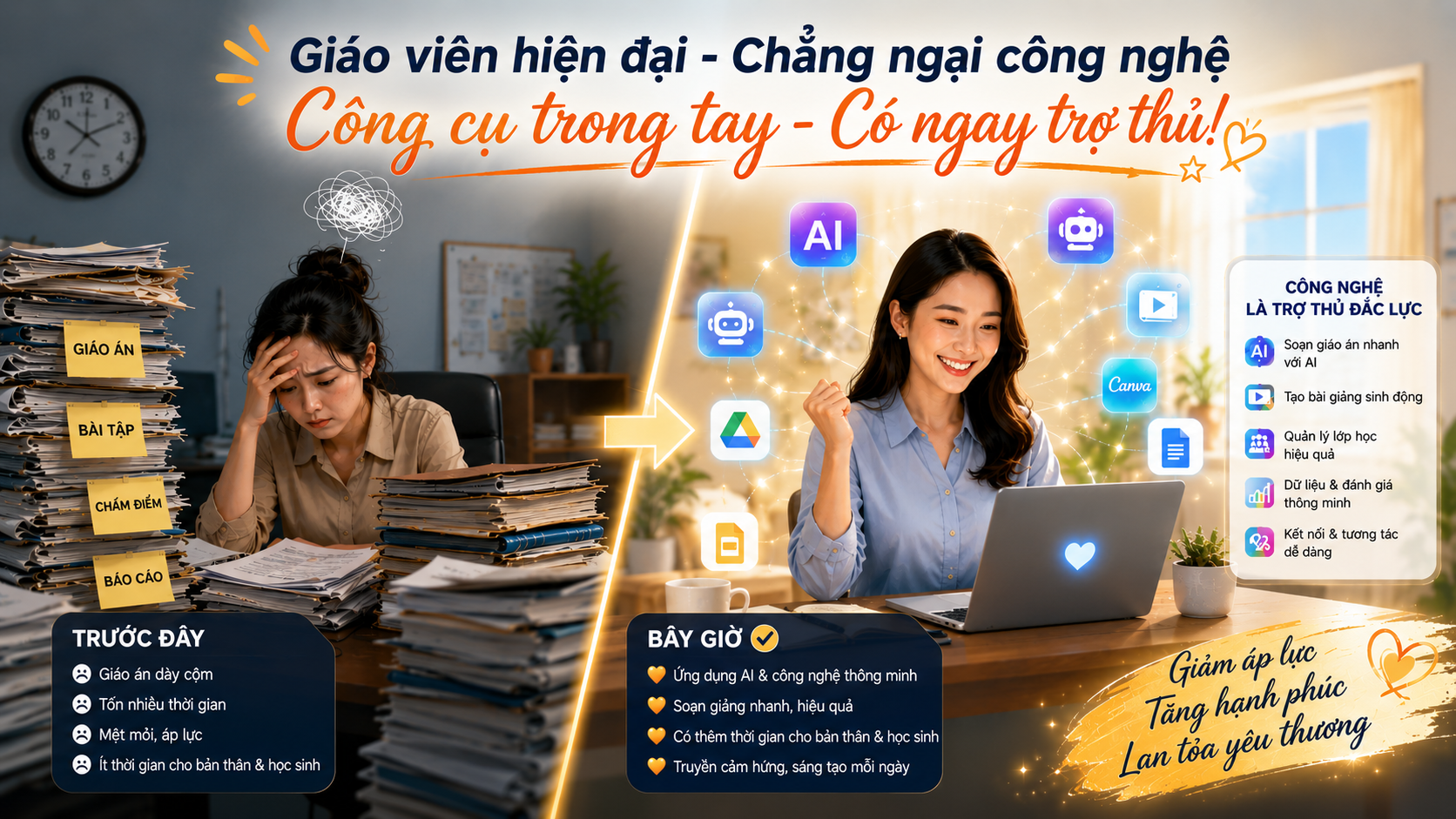 Giáo viên hiện đại ứng dụng công nghệ – trước và sau khi có công cụ đơn giản hỗ trợ dạy học